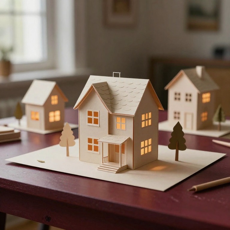 Representative concept photograph of a softly illuminated layered-cardstock SVG house village
