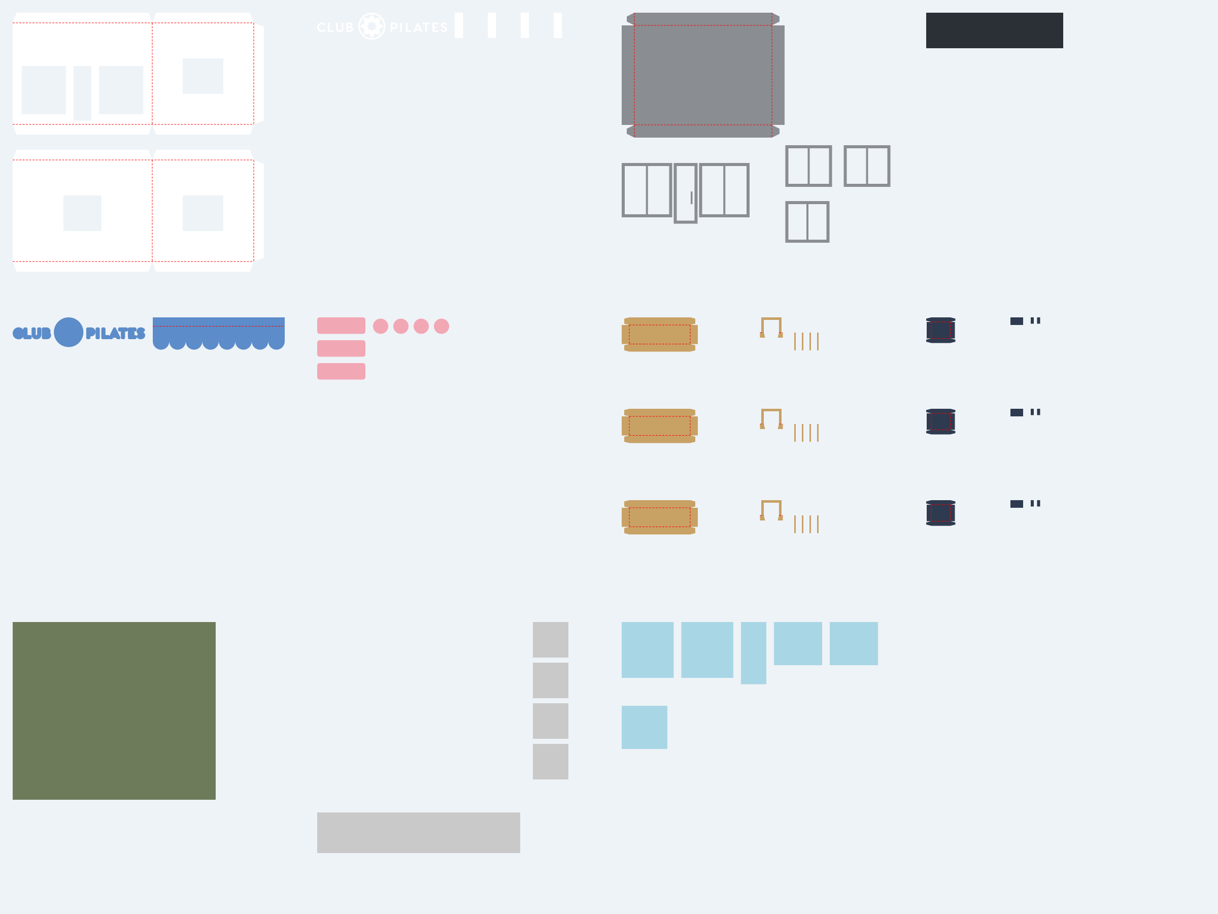 Reference sheet showing every Club Pilates Studio cut piece by color