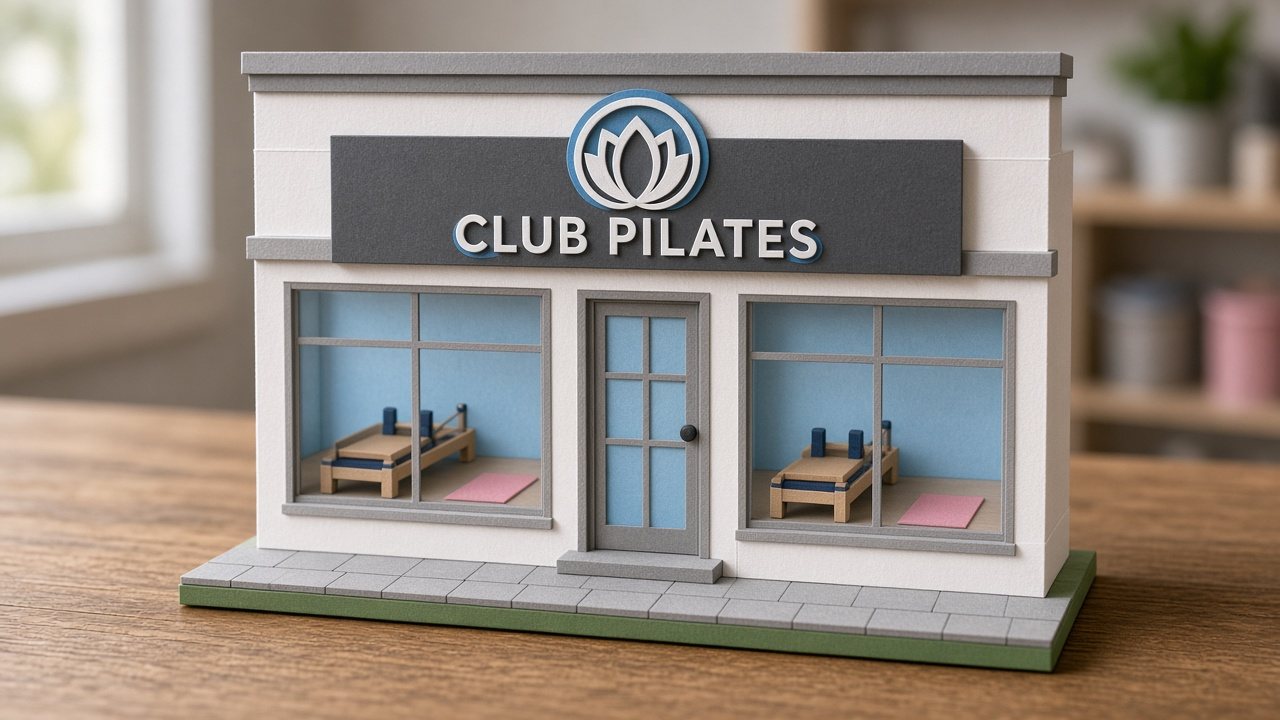Finished Club Pilates Studio paper model on a wooden table, with a lit logo sign, glass windows, and mini reformers inside