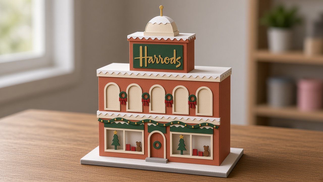 Finished Harrods at Christmas paper model on a wooden table, with a domed tower, gold wordmark, wreaths, and festive window displays