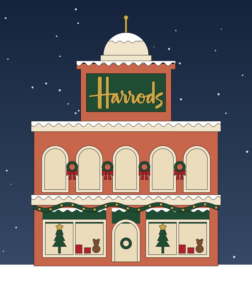 Flat front-view design of the Harrods at Christmas building against a snowy night sky